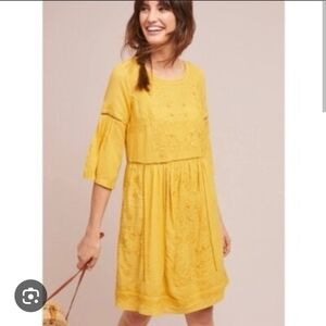 Anthropologie Goldenrod Yellow embroidered Mini Dress